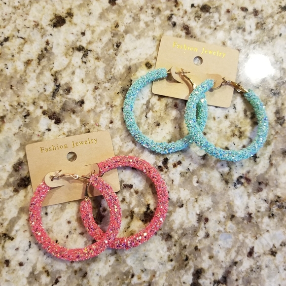 Teal Turquoise Big Circle Hoop Glitter Earring NWT - Picture 5 of 8